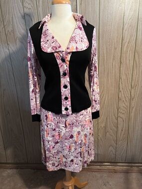 Vintage Women's Purple Printed Skirt and Top Set - poly blend- stretchy!